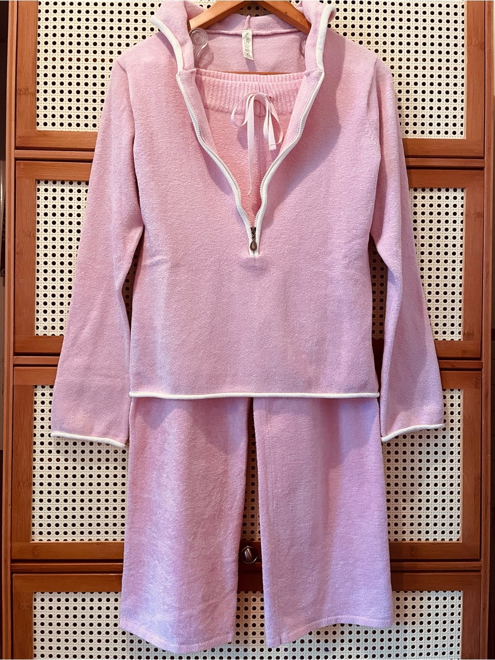 Soybu 3 pc Soft Bamboo Loungewear Velour Hoodie and Pants with White V-Neck Top